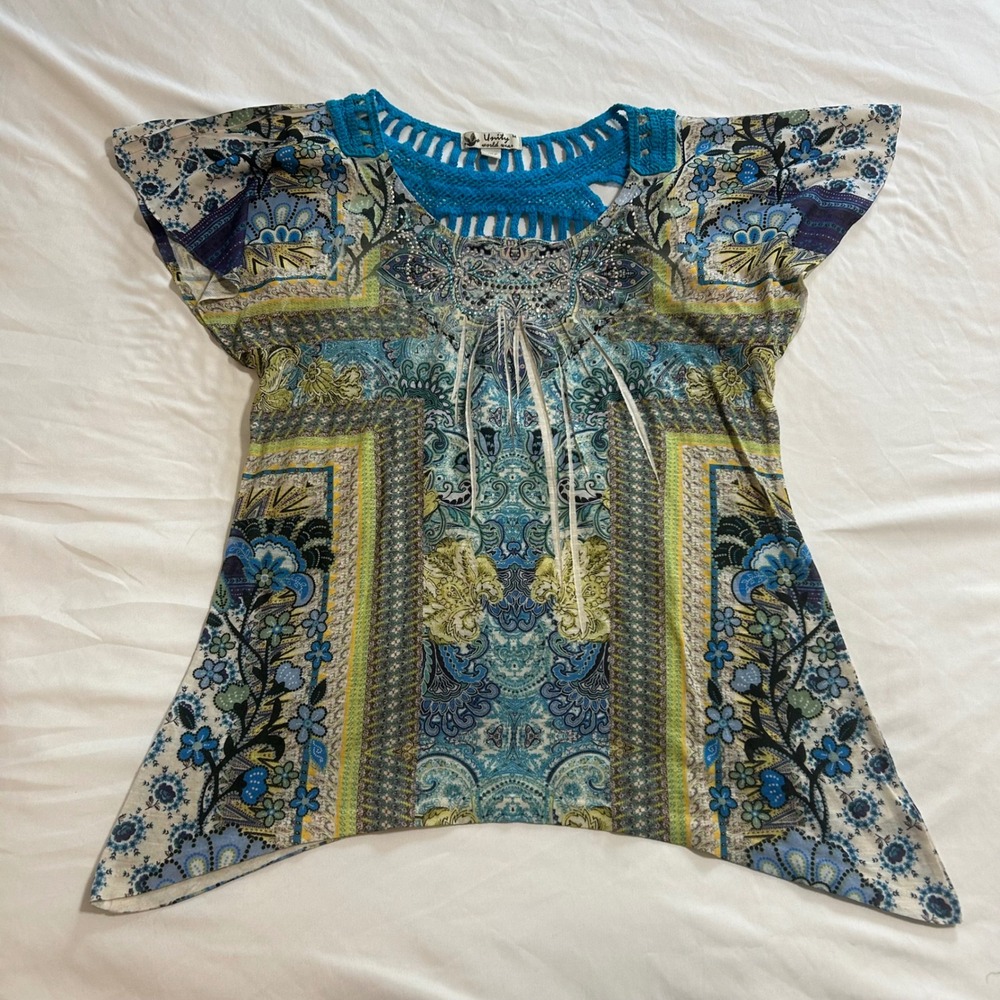 Unity World Wear Blue Paisley Crochet Neck Embellished Handkerchief Hem Top M